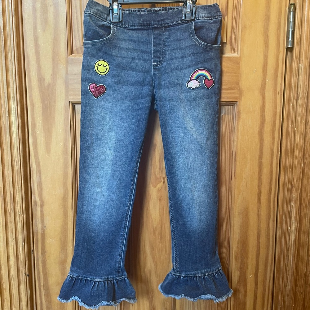 365 Kids Girls Sz 7 Pull On Flare Jeans with Elastic Waist Ruffles & Patches